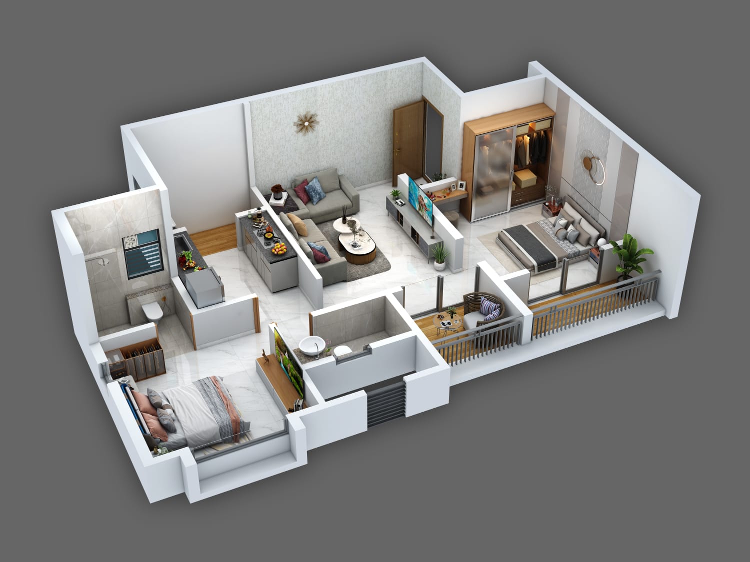 2 BHK 3D Isometric Unit Cut-Section